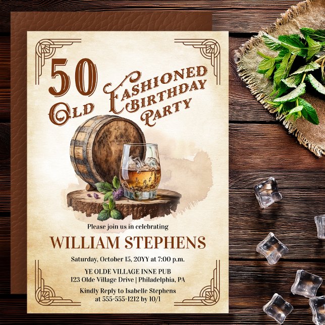 Convites Festa de Aniversário do Barril de Whiskey ao Modo  (Old Fashioned 50th Birthday Party Whiskey Barrel Theme Invitation)