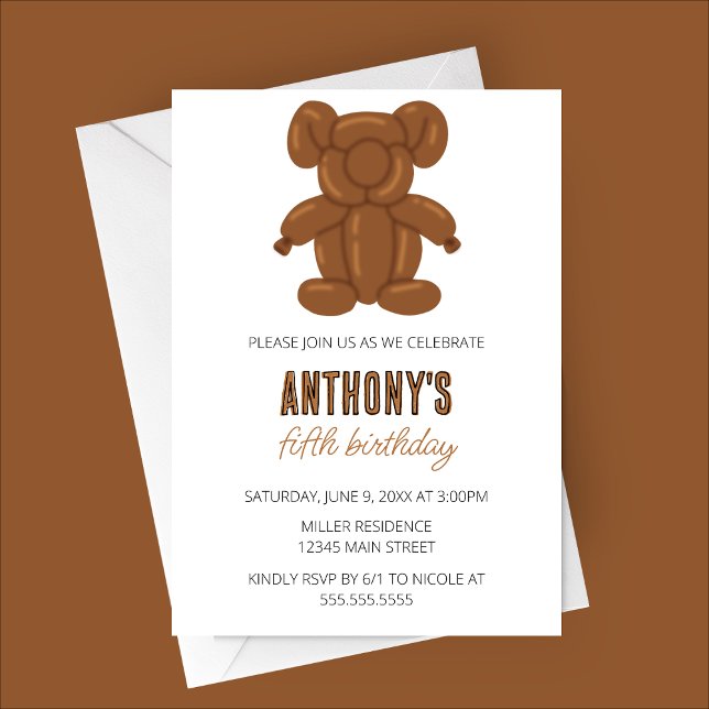 Convites Festa de aniversário do Bear Balloon Animal (Brown Bear Balloon Animal Birthday Party Invitation)