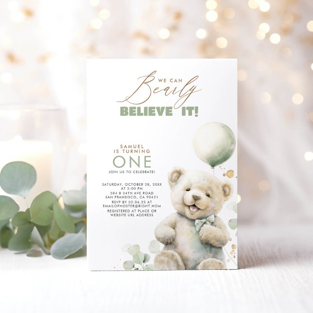 Convites Festa de Aniversário do Bear Cute (Bear Themed 1st Birthday Invitations - We Can Bearly Believe It!)