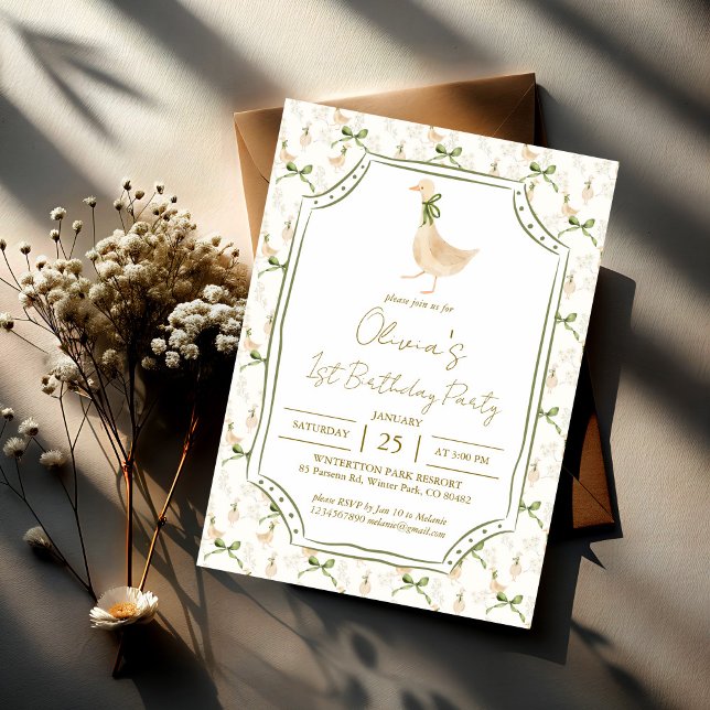 Convites Festa de aniversário do berçário de Goose rima (Goose nursery rhymes birthday party invitation template silly goose party invite sage green ribbon)