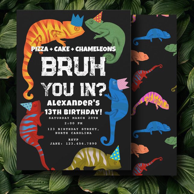 Convites Festa de Aniversário do Bruh Boy Adolescentes Cama (Bruh Boy's Birthday Party Teenager Chameleons Invitation)