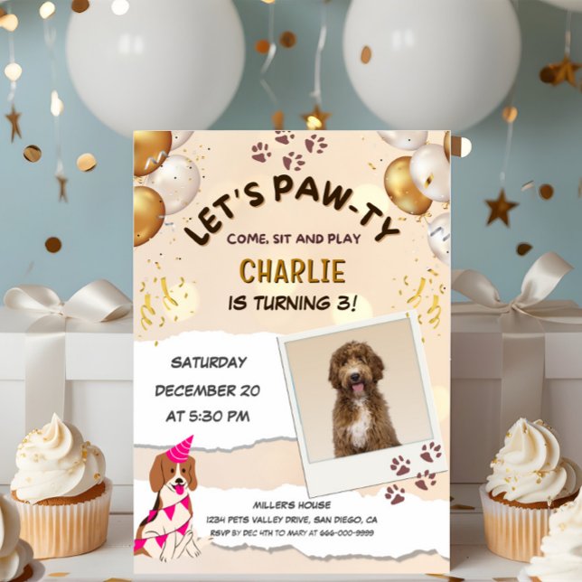 Convites Festa de Aniversário do Cachorrinho Let's Pawty Fo (Lets pawty pets birthday invitation)