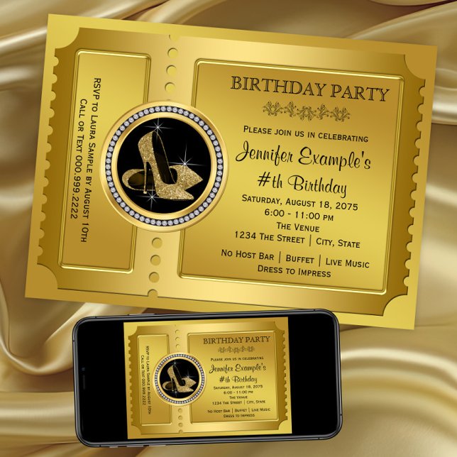 Convites Festa de aniversário do Calçado de alto nível Dour (Gold high heel shoe invitation. Any event. Digital download and printed invitations available)