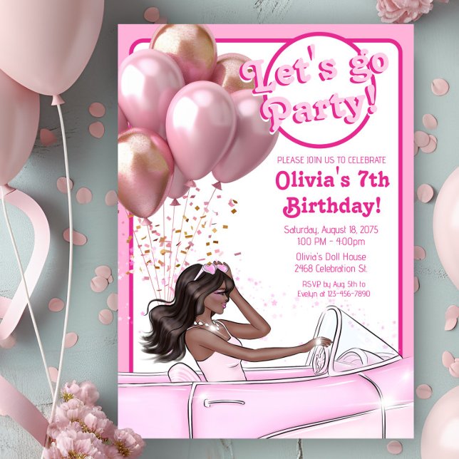 Convites Festa de Aniversário do Carro da Boneca de Moda Ro (Cute pink doll in car any number birthday party invitation. Simply add your event details.)