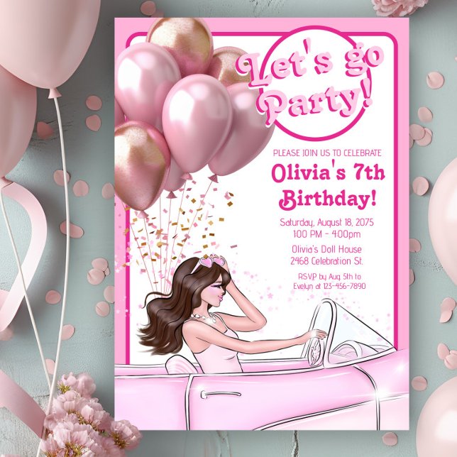 Convites Festa de aniversário do carro da boneca rosa (Girl pink fashion doll in car birthday party invitation. Simply add your event details.)