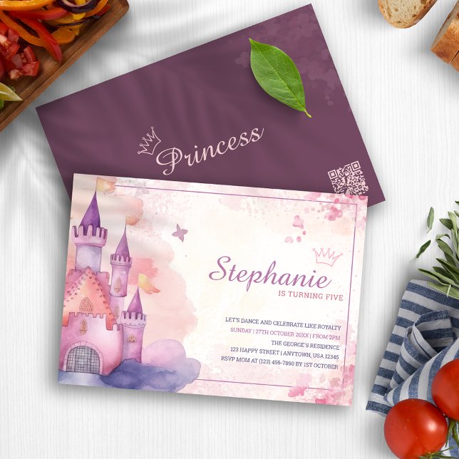 Convites Festa de aniversário do Castelo da Princesa Pink W (Pink Watercolor Princess Castle Birthday Party Invitation)