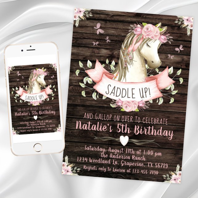Convites Festa de Aniversário do Cavalo Doce (Girl horse birthday party invitation with horse, flowers, butterflies. Digital and print available.)