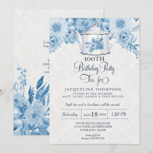 Convites Festa de Aniversário do Chá Dusty Blue Floral Teap