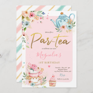 Convites Festa de Aniversário do Chá Garota Rosa e Dourada