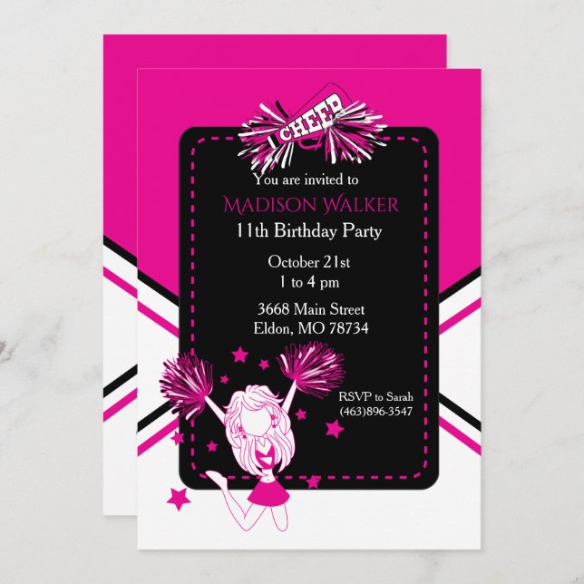 Convites Festa de aniversário do cheerleader no rosa quente (Frente/Verso)