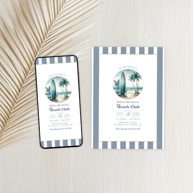 Convites Festa de aniversário do Clube de Praia Costeira Re (Retro Coastal Beach Club Birthday Party Invitation)