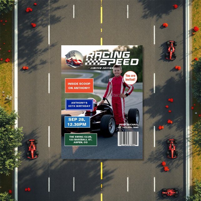 Convites Festa de aniversário do Cobrir da Revista de Veloc (Racing Speed Magazine Cover Birthday Party Invitation)