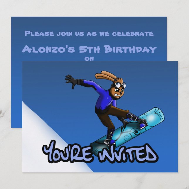 Convites Festa de aniversário do Coelho Snowboarder (Frente/Verso)