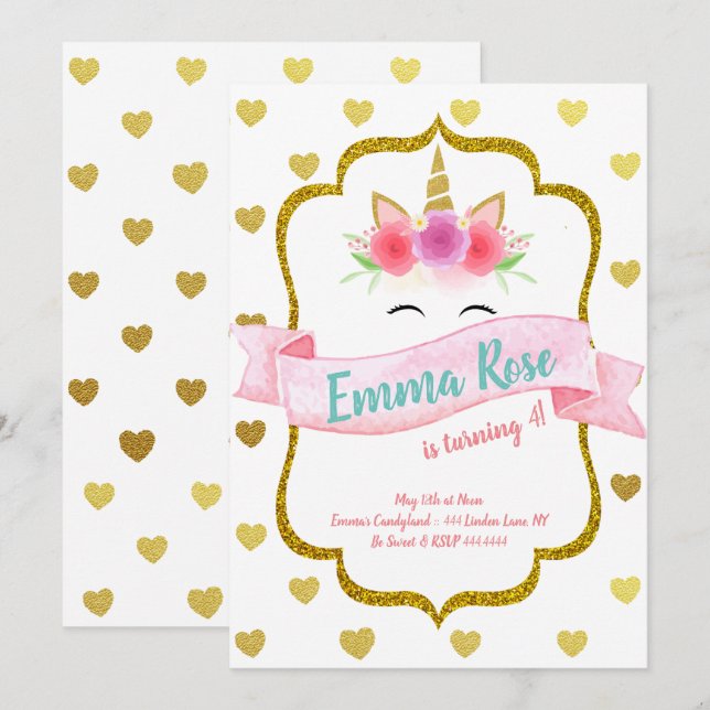 Convites Festa de aniversário do Coração Unicorn (Frente/Verso)