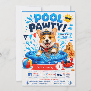 Convites Festa de Aniversário do Corgi na Piscina - Capitão