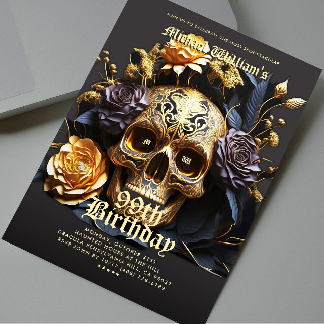 Convites Festa de aniversário do Dia das Bruxas Moderna - D (Modern Halloween Birthday Party Black Gold Skull Invitation
)