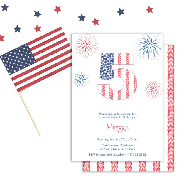 Convites Festa de aniversário do Dia de Memória do Firecrac (Summer fun red white and blue 5th birthday party invite featuring watercolor firework bursts)