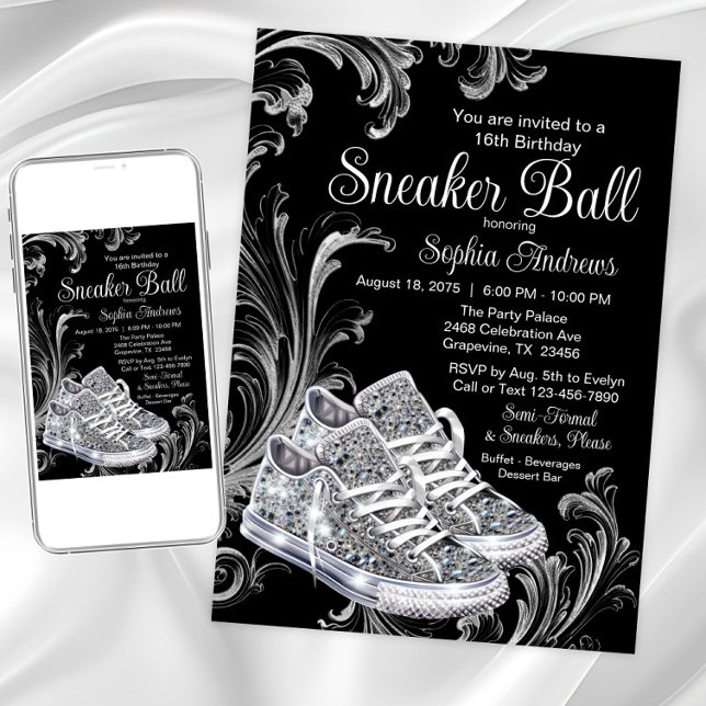 Convites Festa de Aniversário do Diamond Sneaker Ball  (Black white diamond sneakers sneaker ball invitation. Available for Instant download and print.)