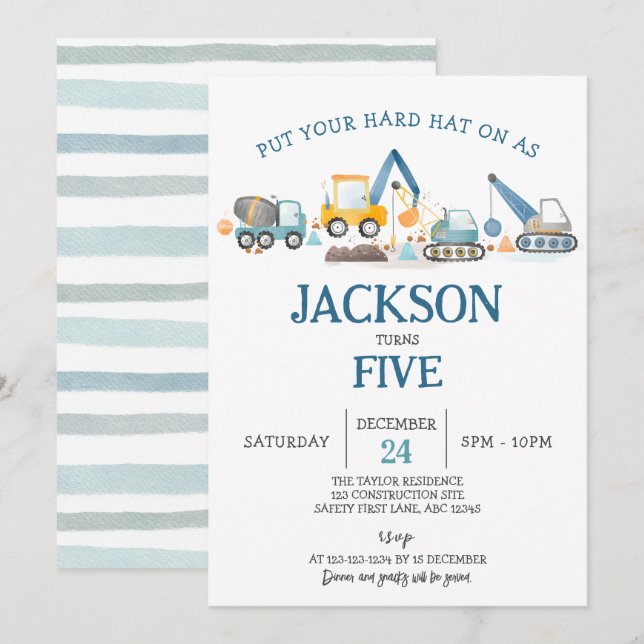 Convites Festa de aniversário do Digger Boy de Construção (Frente/Verso)