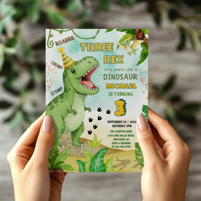 Convites Festa de Aniversário do Dinosaur Jurássico Três Re (Dinosaur Three Rex 3rd Birthday Party Invitation)