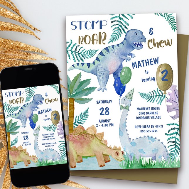 Convites Festa de aniversário do Dinossaur Stomp Roar e Mas (2nd birthday dinosaur invitation with personalized stomp roar and chew rhyme)