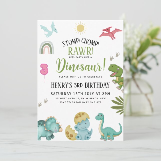 Convites Festa de aniversário do dinossauro (Em pé/Frente)