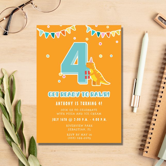 Convites Festa de aniversário do Dinossauro 4º Rapaz (Criador carregado)