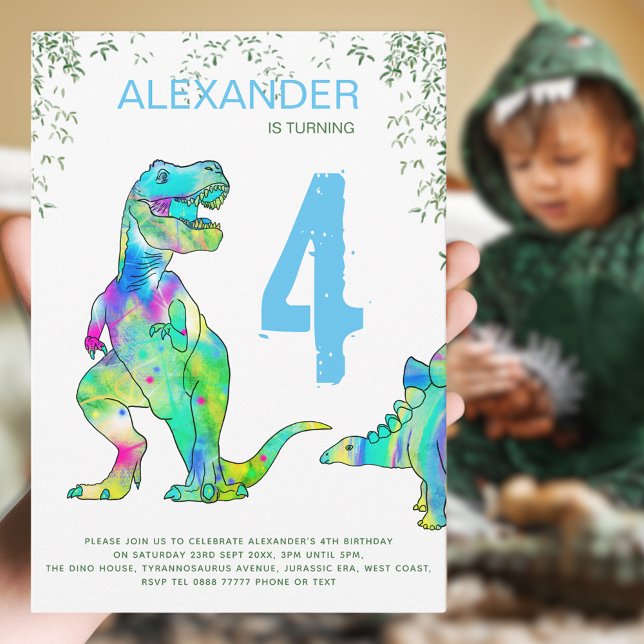 Convites Festa de Aniversário do Dinossauro Colorido (Dinosaur Boy’s birthday party invitation colorful T-Rex and Stegosaurus dino modern blue typography )
