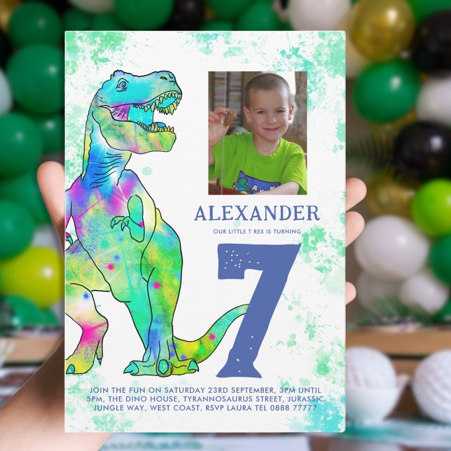 Convites Festa de aniversário do Dinossauro T-Rex (T-Rex Dinosaur 7th birthday party fun watercolor invitation with personalized photo)