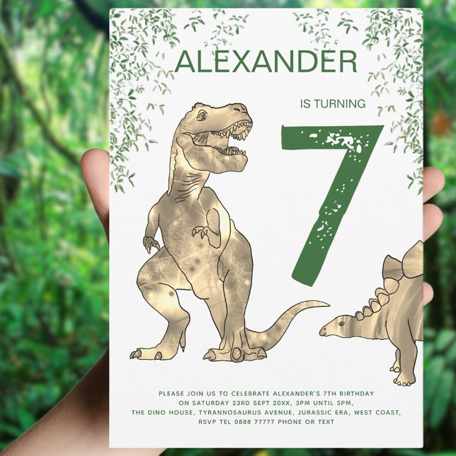 Convites Festa de aniversário do Dinossauro T-Rex (Dinosaur Jungle boy’s birthday party invitation with T-Rex and stegosaurus with foliage)