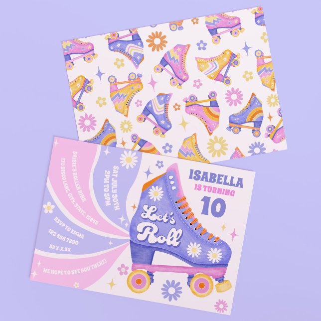 Convites Festa de aniversário do Disco de Rastreamento do C (Let's roll on into the party with this fun and bright purple themed roller skate invitation!)