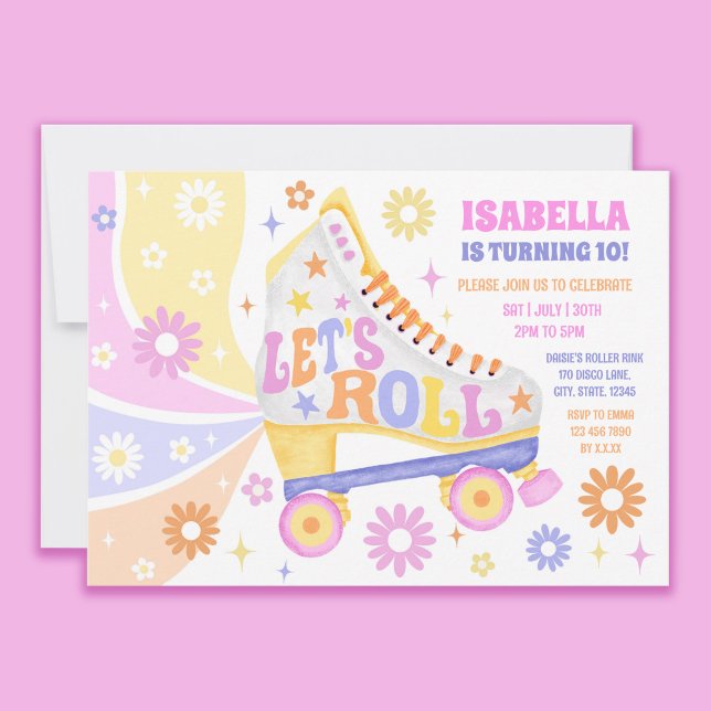 Convites Festa de aniversário do Disco de Rastreamento do C (Let's roll on into the party! Invite your guests with this colorful retro roller skate invitation!)