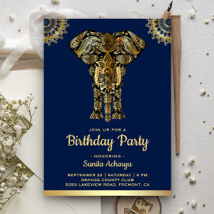 Convites Festa de Aniversário do Elefante Azul Dourado Indi