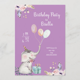 Convites Festa de aniversário do elefante de Boho + cor da