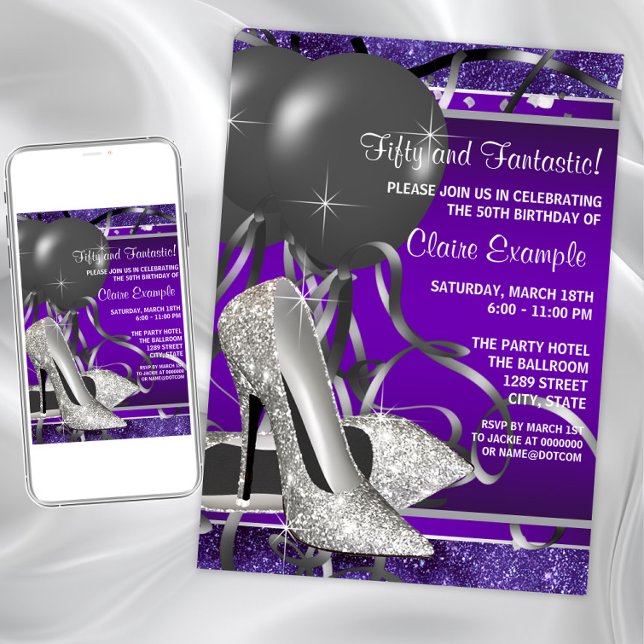Convites Festa de Aniversário do Elegante Purple High Heels (Purple silver shoe any event invitation. Instant download and printed invitations available.)