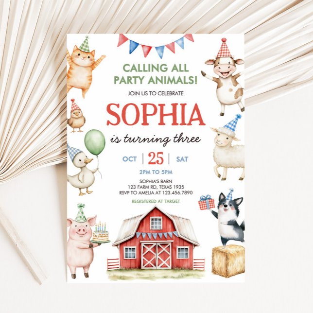 Convites Festa de aniversário do estaleiro (Farm Animals Red Barnyard Birthday Party Invitation)