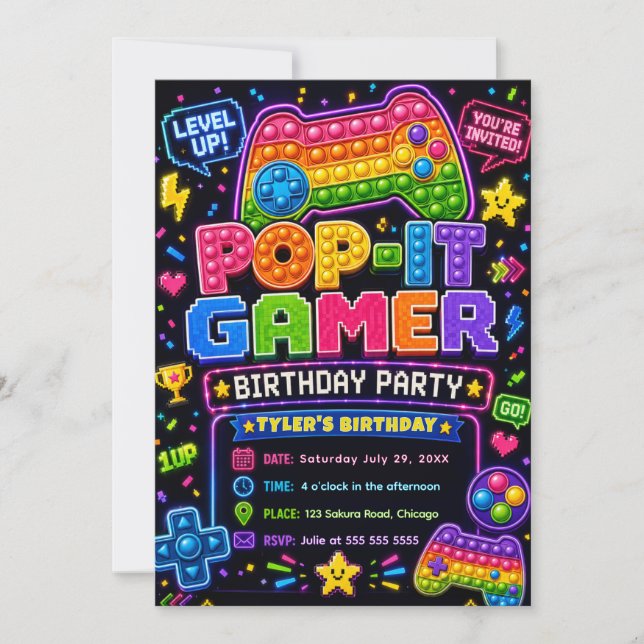 Convites Festa de Aniversário do Gamer Pop It (Frente)