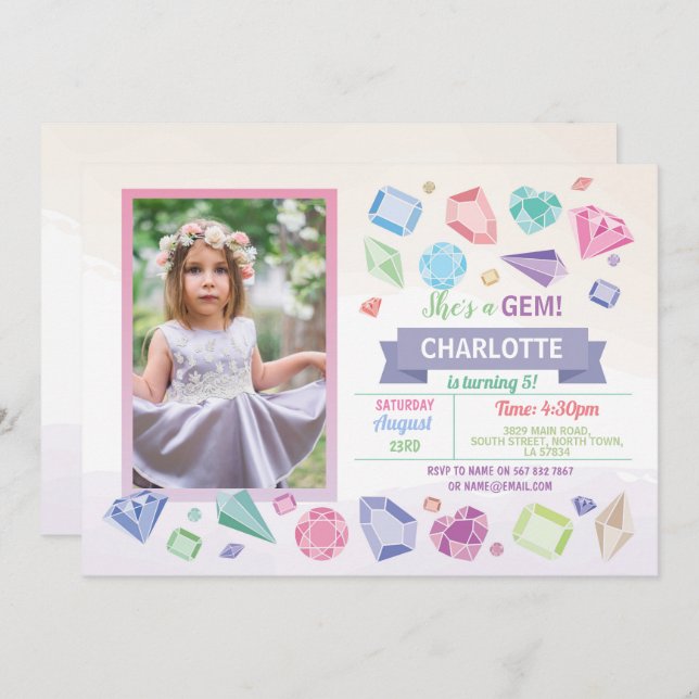 Convites Festa de Aniversário do Gem Crystals Foto de Paste (Frente/Verso)