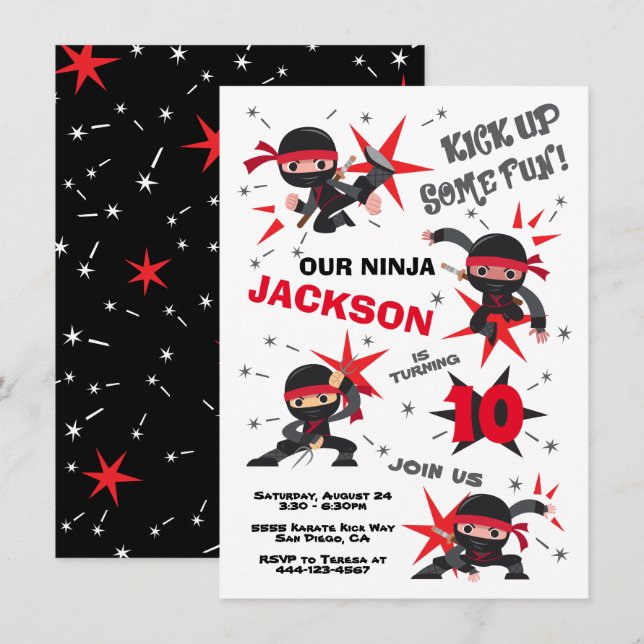 Convites Festa de aniversário do Guerreiro Ninja Karate (Frente/Verso)