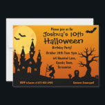 Convites Festa de aniversário do Halloween Kid<br><div class="desc">Personalize o cartão de Convite de aniversário de Halloween deste miúdo com os seus próprios detalhes. O cartão tem um fundo cor de laranja com caracteres de Halloween em silhueta preta.</div>