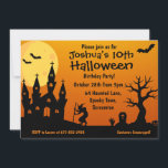Convites Festa de aniversário do Halloween Kid<br><div class="desc">Personalize o cartão de Convite de aniversário de Halloween deste miúdo com os seus próprios detalhes. O cartão tem um fundo cor de laranja com caracteres de Halloween em silhueta preta.</div>