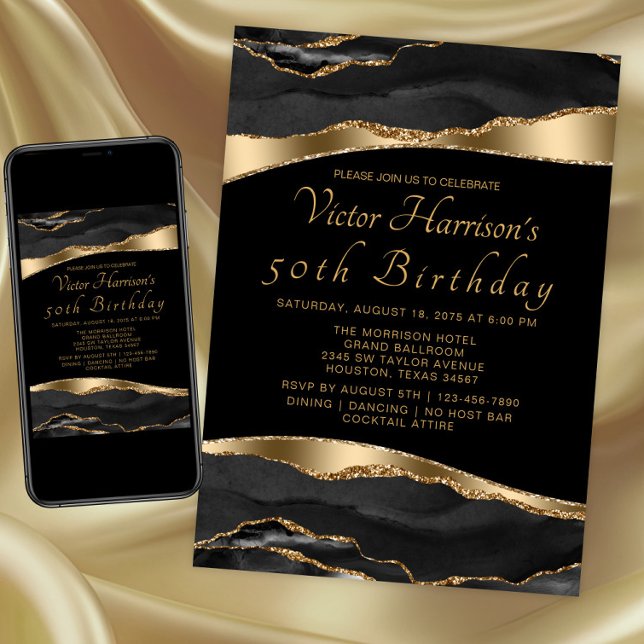 Convites Festa de Aniversário do Homem com Ágata Dourada  (Black and gold any event invitation. Instant download and printed invitations available.)