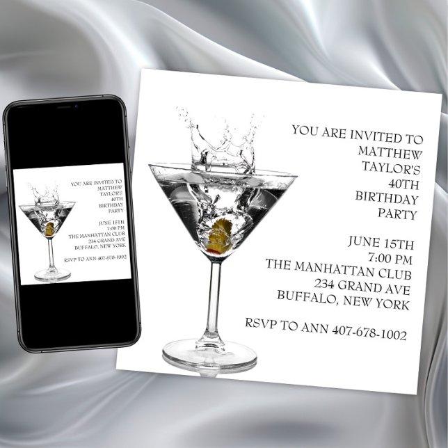 Convites Festa de Aniversário do Homem com Copo de Martini (Martini Glass Mans Birthday Party Invitation. Martini invitation for any event or occasion.)