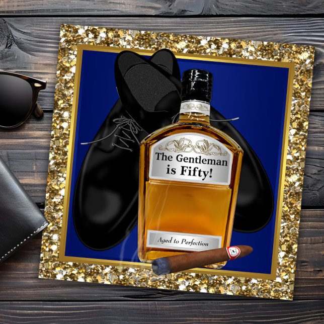 Convites Festa de Aniversário do Homem com Ouro Azul Envelh (Mans any number birthday invitation. You can change all text, fonts and wording for your event.)