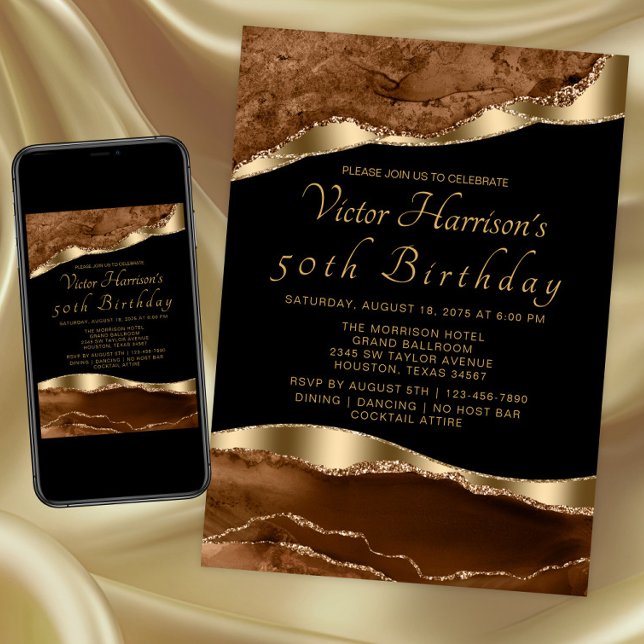 Convites Festa de Aniversário do Homem Marrom Preto Dourado (Brown gold any occasion invitation. Instant download and printed invitations available.)
