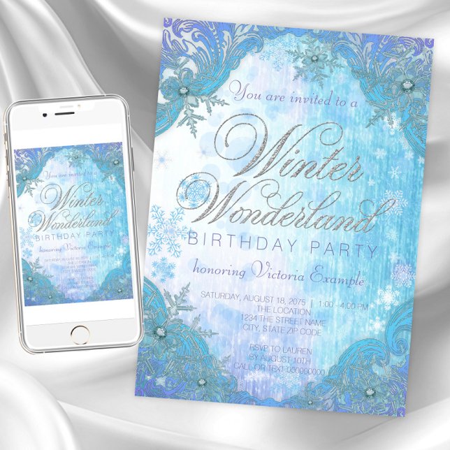 Convites Festa de Aniversário do Inverno com Flocos de Neve (Winter wonderland invitation any occasion. Instant download and printed invitations available.)