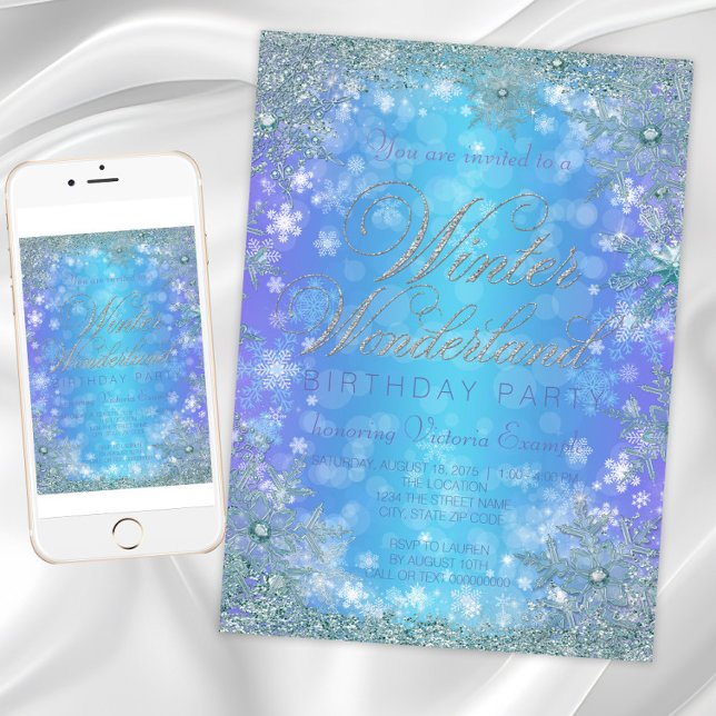 Convites Festa de Aniversário do Inverno Congelado (Frozen Winter Wonderland Birthday Party Invitation. Download and printed invitations available.)