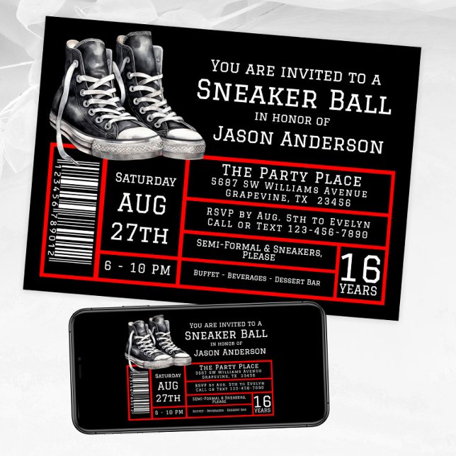 Convites Festa de Aniversário do Jantar de Tênis Preto e Ve (Boy red black sneaker ball invitations shoe label style. Available for instant download and print.)
