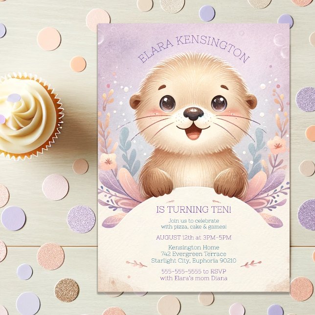Convites Festa de Aniversário do Mar Lilac com Tarte (Children's Lilac Sea Otter Cute Birthday Party Invitation
)