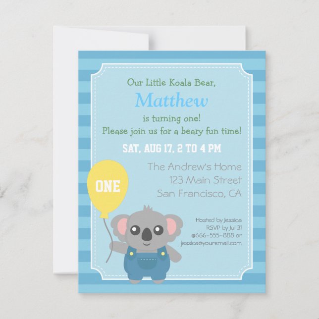 Convites Festa de Aniversário do Menino Urso Coala Fofo (Frente)